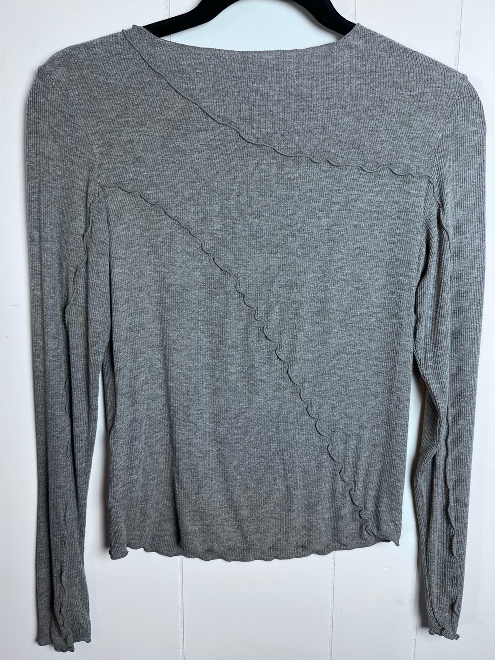 MNG Ribbed Long Sleeve Gray Top with Lettuce Edge